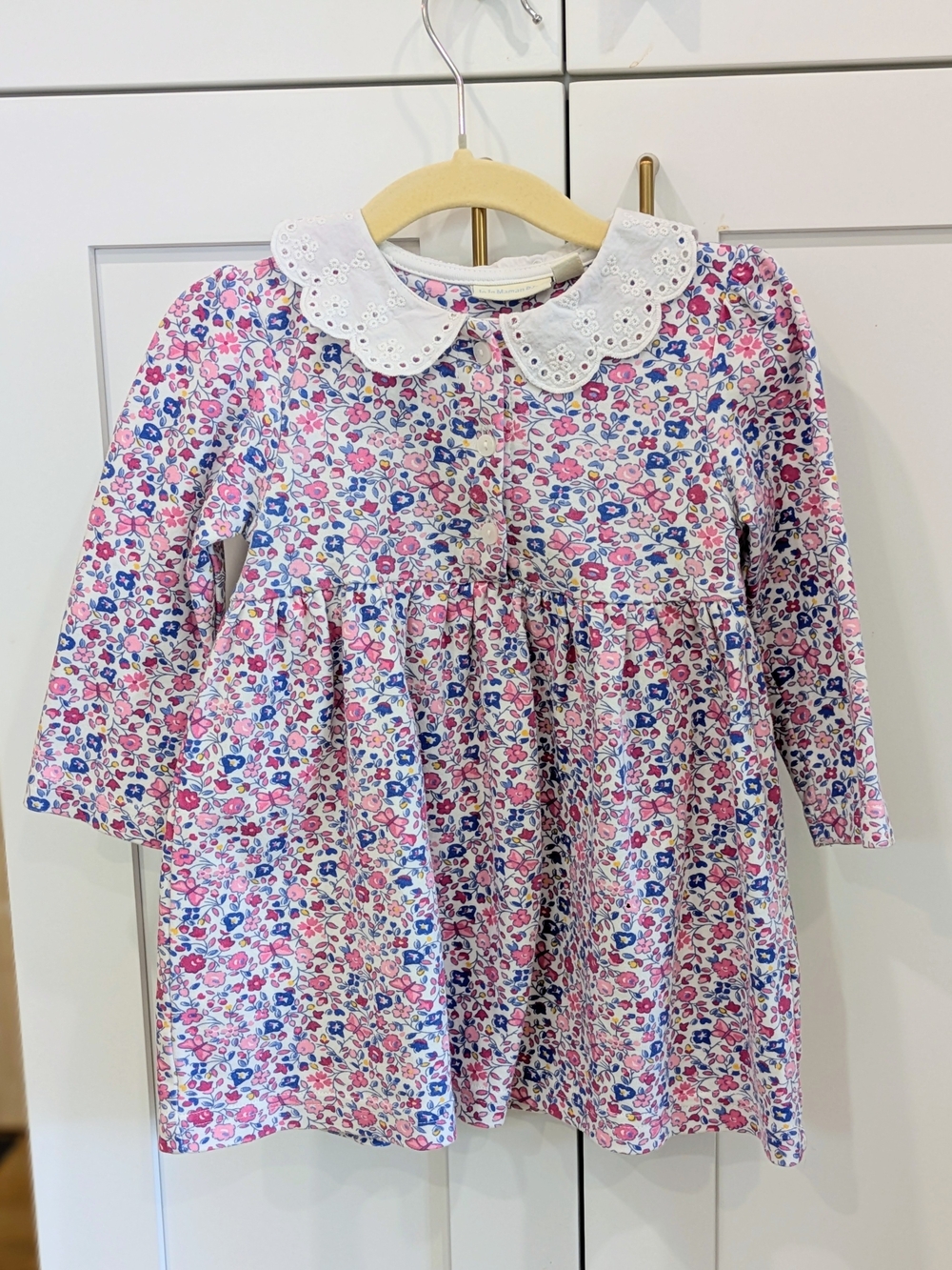 Jojo Maman Bebe Baby Girl Pink Floral Long-Sleeve Dress with White Eyelet Collar